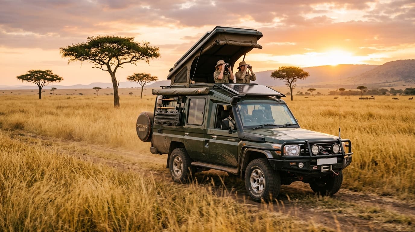 Safari Land Cruiser with a pop-up roof on the plains